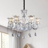 Silver 6/8 Lights Chandelier Light Traditional Clear Ribbed Glass Flower Pendant Lamp with Crystal Droplet Clearhalo 'Ceiling Lights' 'Chandeliers' Lighting' options 813385