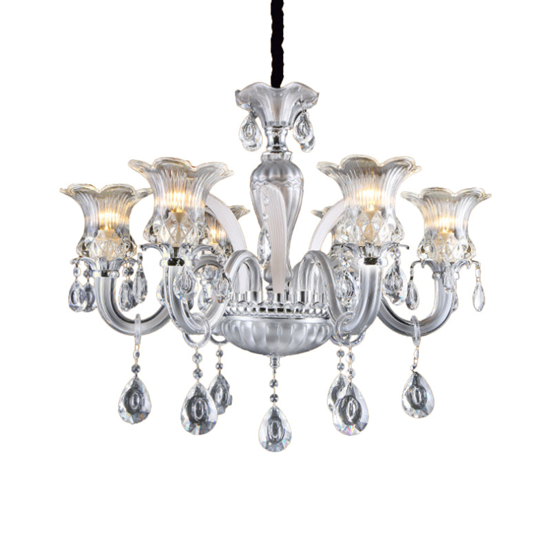 Silver 6/8 Lights Chandelier Light Traditional Clear Ribbed Glass Flower Pendant Lamp with Crystal Droplet Clearhalo 'Ceiling Lights' 'Chandeliers' Lighting' options 813386