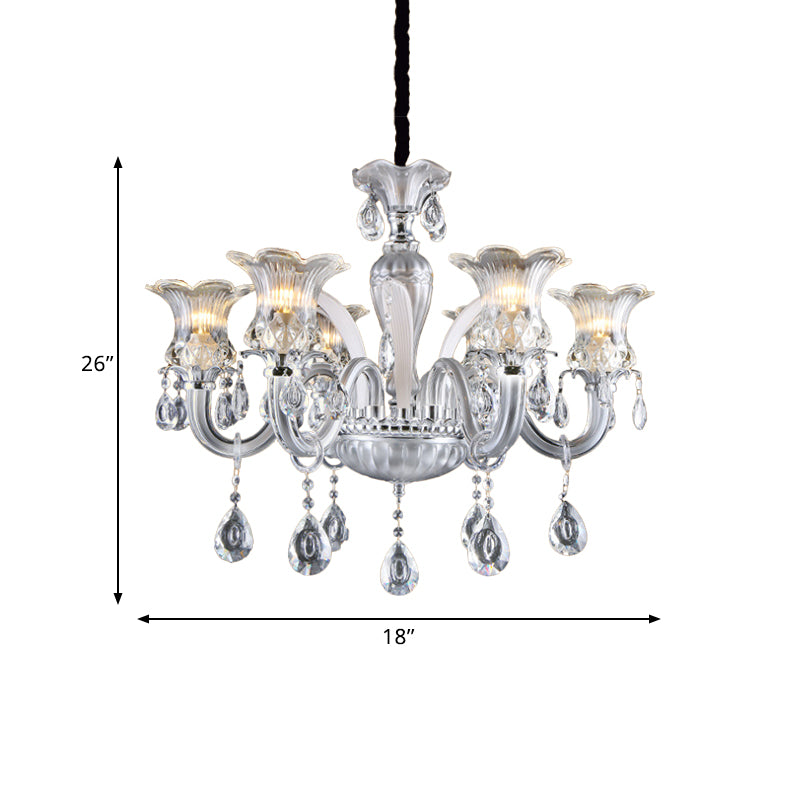 Silver 6/8 Lights Chandelier Light Traditional Clear Ribbed Glass Flower Pendant Lamp with Crystal Droplet Clearhalo 'Ceiling Lights' 'Chandeliers' Lighting' options 813387