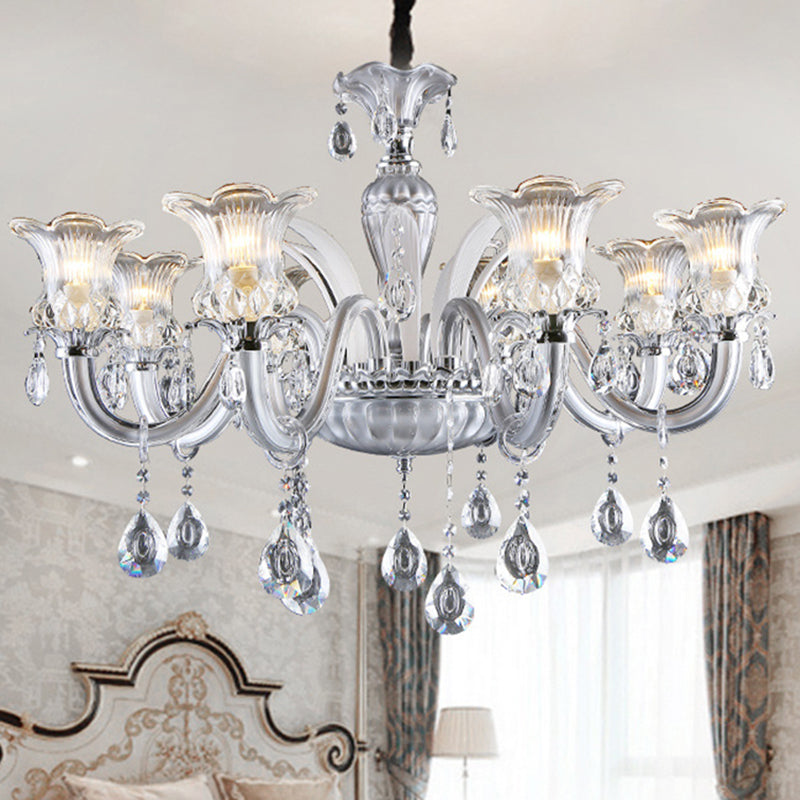 Silver 6/8 Lights Chandelier Light Traditional Clear Ribbed Glass Flower Pendant Lamp with Crystal Droplet Clearhalo 'Ceiling Lights' 'Chandeliers' Lighting' options 813388