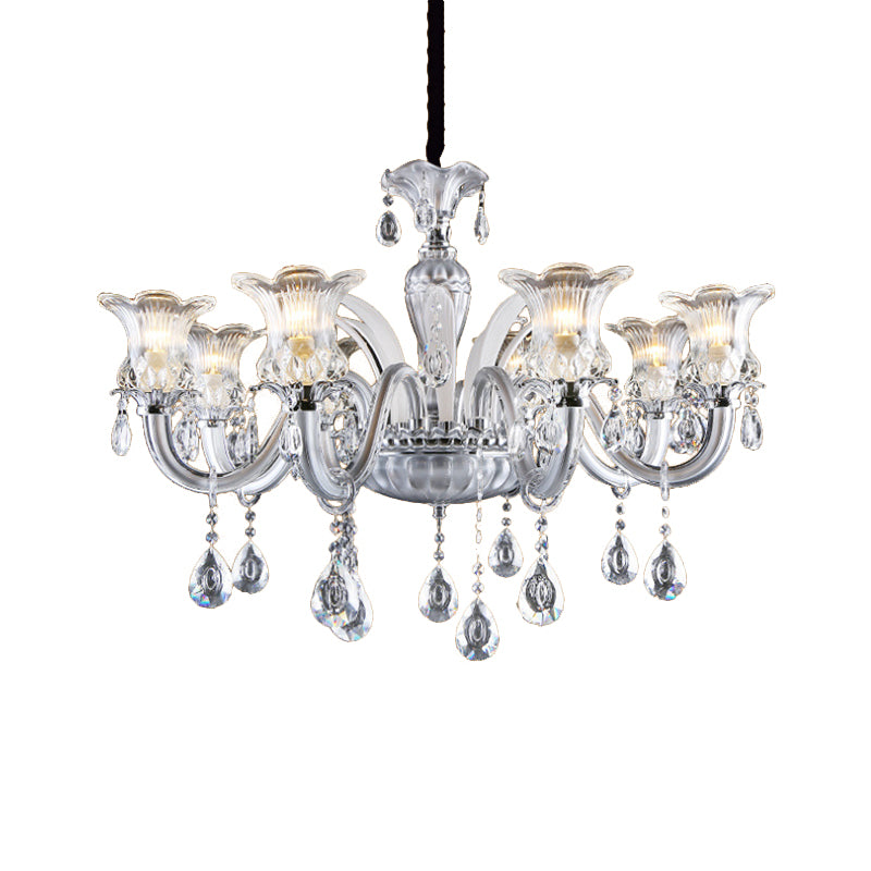 Silver 6/8 Lights Chandelier Light Traditional Clear Ribbed Glass Flower Pendant Lamp with Crystal Droplet Clearhalo 'Ceiling Lights' 'Chandeliers' Lighting' options 813390