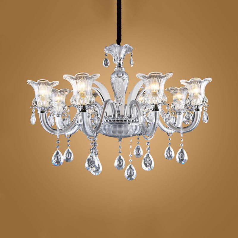 Silver 6/8 Lights Chandelier Light Traditional Clear Ribbed Glass Flower Pendant Lamp with Crystal Droplet Clearhalo 'Ceiling Lights' 'Chandeliers' Lighting' options 813391