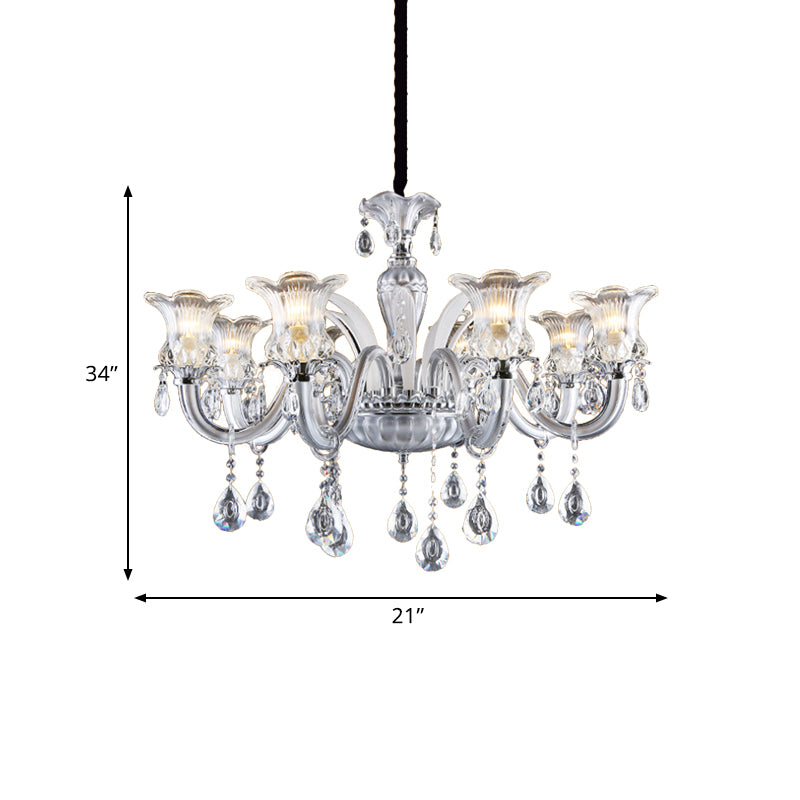 Silver 6/8 Lights Chandelier Light Traditional Clear Ribbed Glass Flower Pendant Lamp with Crystal Droplet Clearhalo 'Ceiling Lights' 'Chandeliers' Lighting' options 813392