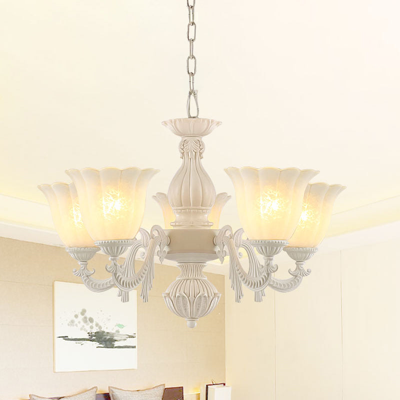 Milk Glass Blossom Chandelier Traditional 3/5/8 Heads Dining Room Hanging Pendant Light in Beige Clearhalo 'Ceiling Lights' 'Chandeliers' Lighting' options 813397