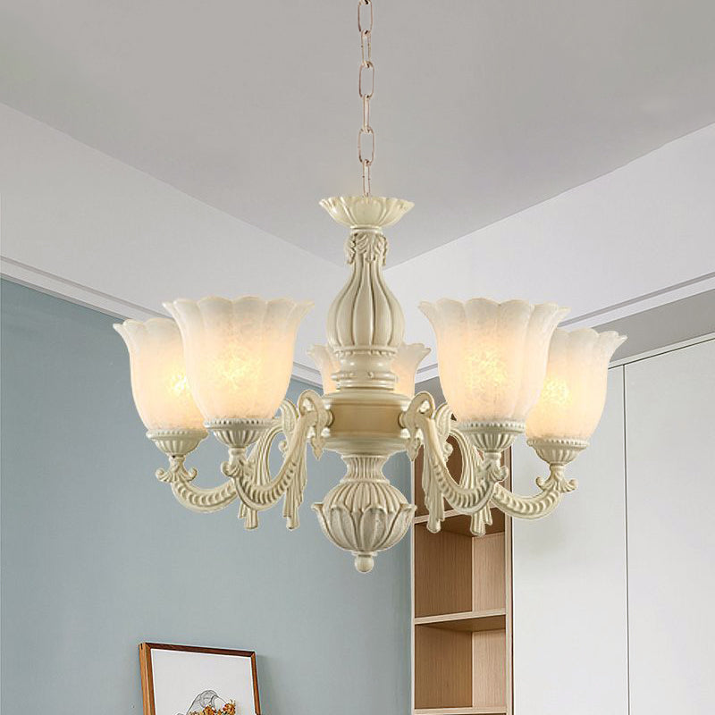 Milk Glass Blossom Chandelier Traditional 3/5/8 Heads Dining Room Hanging Pendant Light in Beige Clearhalo 'Ceiling Lights' 'Chandeliers' Lighting' options 813398