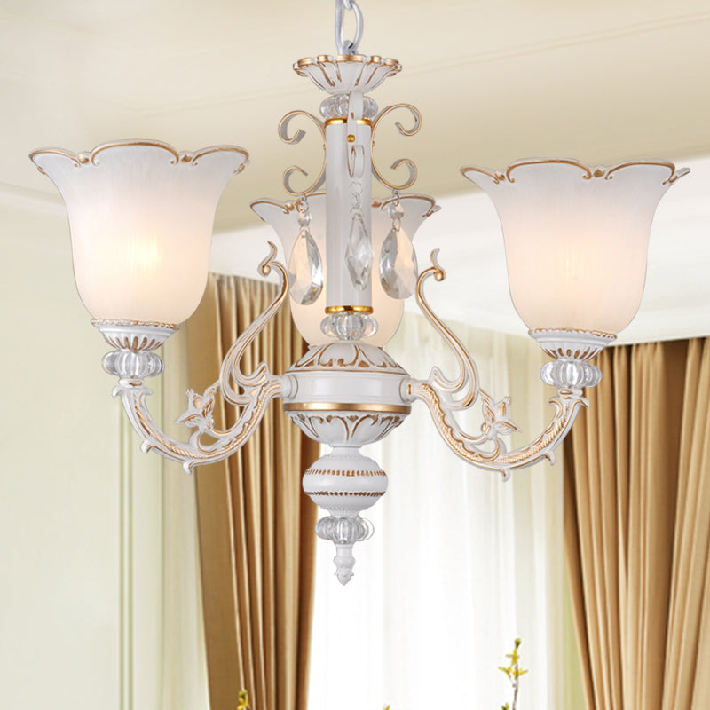 Cream Glass Floral Chandelier Light Traditional 3/5/6 Lights Bedroom Suspension Pendant in Beige 3 Beige Clearhalo 'Ceiling Lights' 'Chandeliers' Lighting' options 813407_83f4ca65-244e-45ce-8f58-9f72a9f05b14