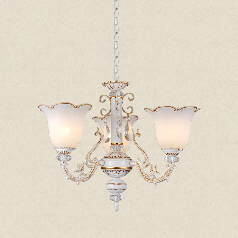 Cream Glass Floral Chandelier Light Traditional 3/5/6 Lights Bedroom Suspension Pendant in Beige Clearhalo 'Ceiling Lights' 'Chandeliers' Lighting' options 813409