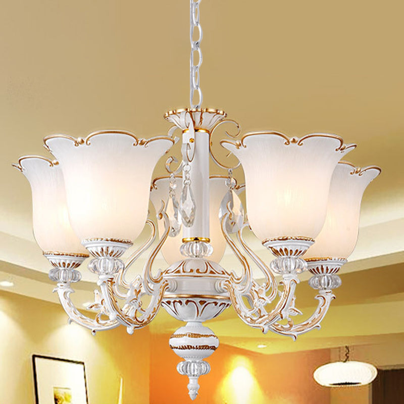 Cream Glass Floral Chandelier Light Traditional 3/5/6 Lights Bedroom Suspension Pendant in Beige Clearhalo 'Ceiling Lights' 'Chandeliers' Lighting' options 813411