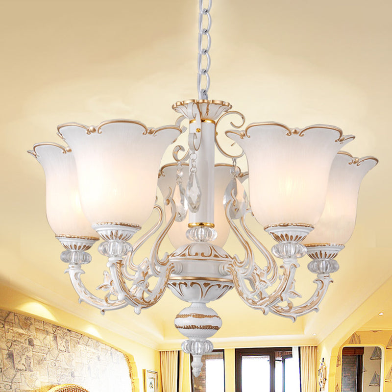 Cream Glass Floral Chandelier Light Traditional 3/5/6 Lights Bedroom Suspension Pendant in Beige Clearhalo 'Ceiling Lights' 'Chandeliers' Lighting' options 813412