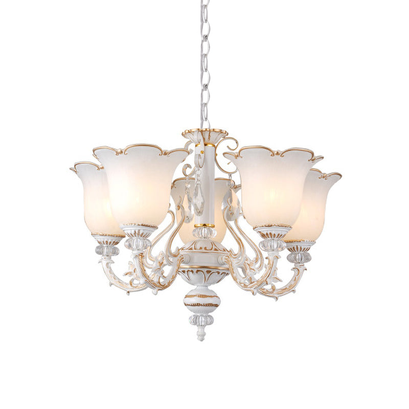 Cream Glass Floral Chandelier Light Traditional 3/5/6 Lights Bedroom Suspension Pendant in Beige Clearhalo 'Ceiling Lights' 'Chandeliers' Lighting' options 813413