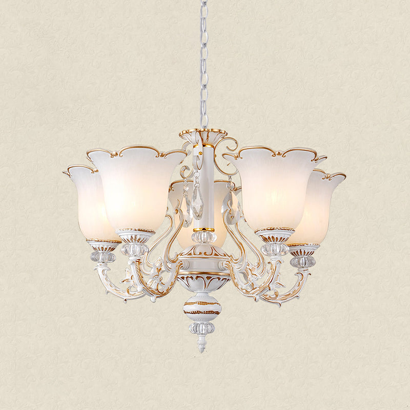 Cream Glass Floral Chandelier Light Traditional 3/5/6 Lights Bedroom Suspension Pendant in Beige Clearhalo 'Ceiling Lights' 'Chandeliers' Lighting' options 813414