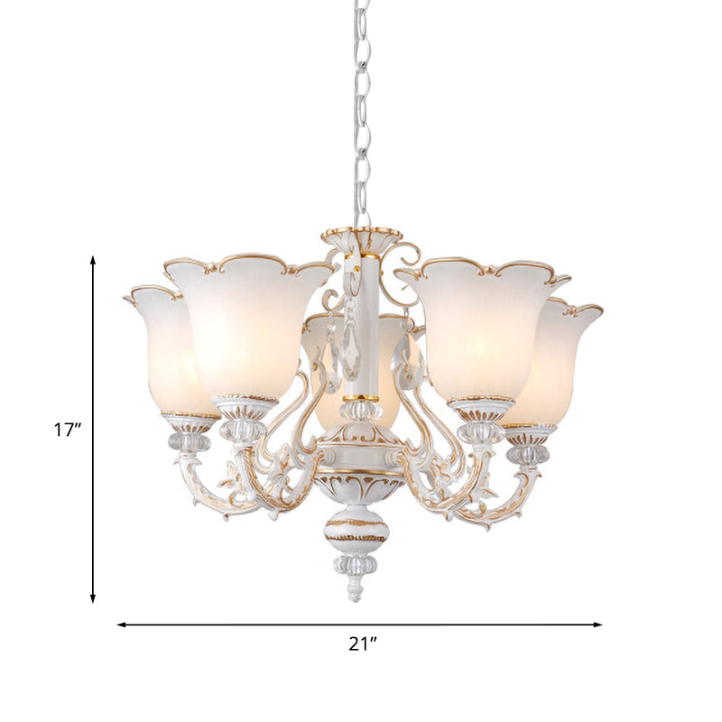 Cream Glass Floral Chandelier Light Traditional 3/5/6 Lights Bedroom Suspension Pendant in Beige Clearhalo 'Ceiling Lights' 'Chandeliers' Lighting' options 813415