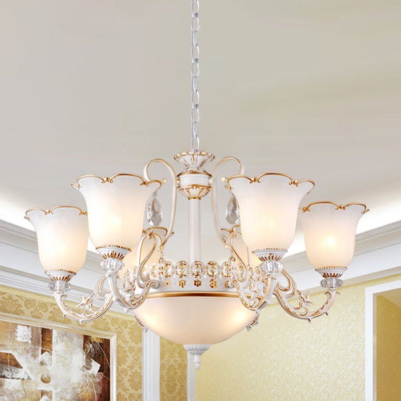 Cream Glass Floral Chandelier Light Traditional 3/5/6 Lights Bedroom Suspension Pendant in Beige Clearhalo 'Ceiling Lights' 'Chandeliers' Lighting' options 813416