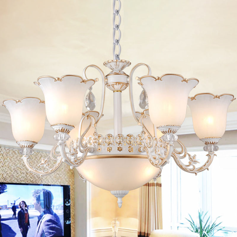 Cream Glass Floral Chandelier Light Traditional 3/5/6 Lights Bedroom Suspension Pendant in Beige Clearhalo 'Ceiling Lights' 'Chandeliers' Lighting' options 813417