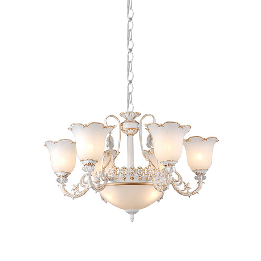 Cream Glass Floral Chandelier Light Traditional 3/5/6 Lights Bedroom Suspension Pendant in Beige Clearhalo 'Ceiling Lights' 'Chandeliers' Lighting' options 813418