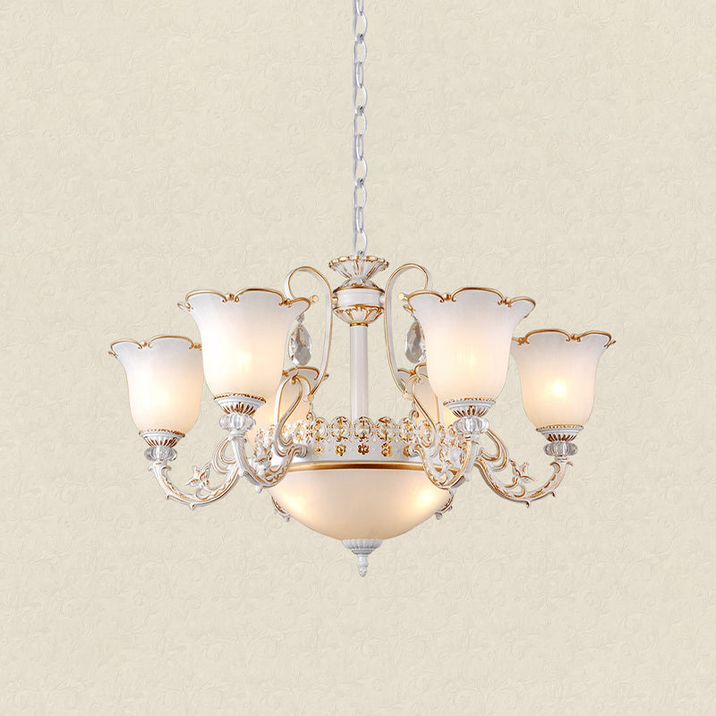 Cream Glass Floral Chandelier Light Traditional 3/5/6 Lights Bedroom Suspension Pendant in Beige Clearhalo 'Ceiling Lights' 'Chandeliers' Lighting' options 813419