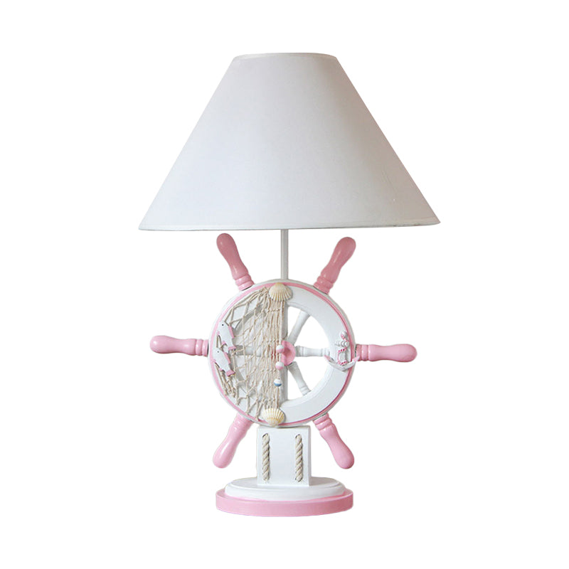 Rudder Wood Table Lamp Cartoon 1 Head Pink/Green Nightstand Lamp with Cone Fabric Shade for Bedroom Clearhalo 'Lamps' 'Table Lamps' Lighting' 813440
