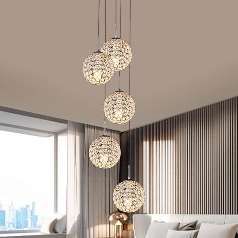 Crystal Embedded Chrome Cluster Pendant Spherical 3/5/6 Bulbs Modernist Hanging Ceiling Light 5 Chrome Clearhalo 'Ceiling Lights' 'Modern Pendants' 'Modern' 'Pendant Lights' 'Pendants' Lighting' 813579