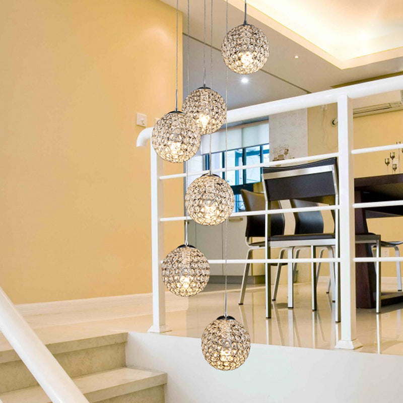 Crystal Embedded Chrome Cluster Pendant Spherical 3/5/6 Bulbs Modernist Hanging Ceiling Light Clearhalo 'Ceiling Lights' 'Modern Pendants' 'Modern' 'Pendant Lights' 'Pendants' Lighting' 813585