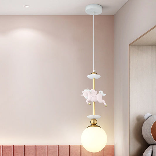 Modern Globe Hanging Light Glass 1 Head Bedroom Pendant Lamp with Unicorn Decoration in Pink Pink Clearhalo 'Ceiling Lights' 'Glass shade' 'Glass' 'Pendant Lights' 'Pendants' Lighting' 813653