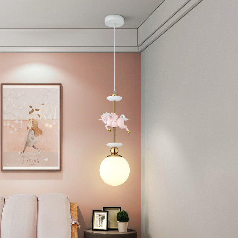 Modern Globe Hanging Light Glass 1 Head Bedroom Pendant Lamp with Unicorn Decoration in Pink Clearhalo 'Ceiling Lights' 'Glass shade' 'Glass' 'Pendant Lights' 'Pendants' Lighting' 813654