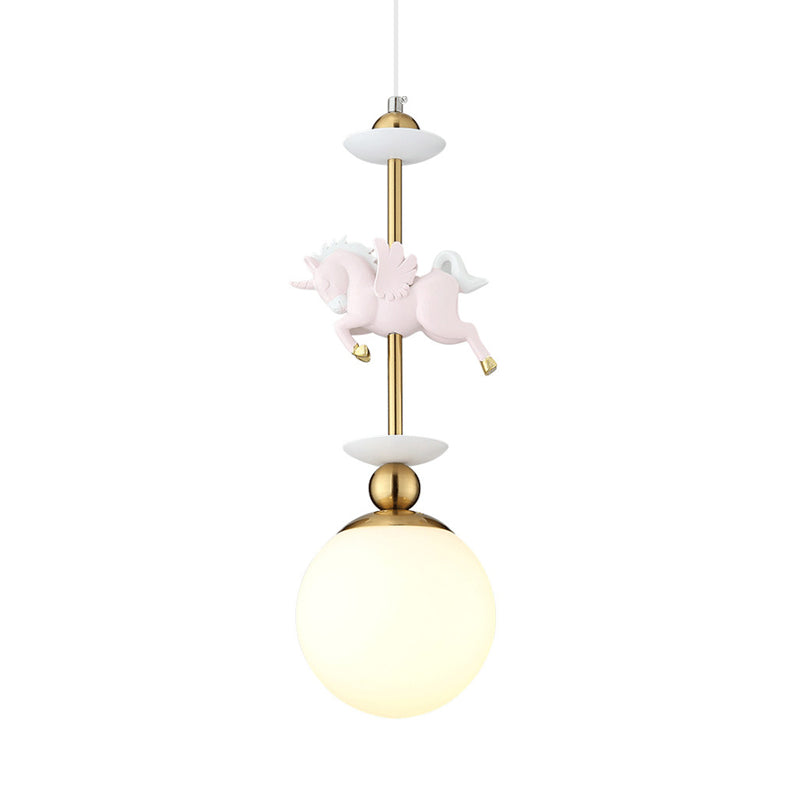 Modern Globe Hanging Light Glass 1 Head Bedroom Pendant Lamp with Unicorn Decoration in Pink Clearhalo 'Ceiling Lights' 'Glass shade' 'Glass' 'Pendant Lights' 'Pendants' Lighting' 813655