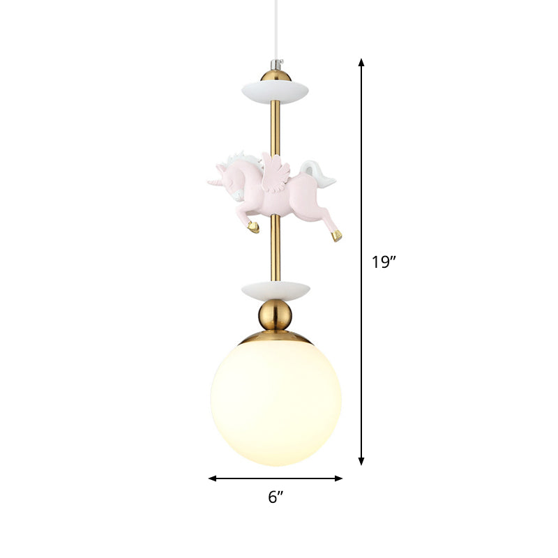 Modern Globe Hanging Light Glass 1 Head Bedroom Pendant Lamp with Unicorn Decoration in Pink Clearhalo 'Ceiling Lights' 'Glass shade' 'Glass' 'Pendant Lights' 'Pendants' Lighting' 813656