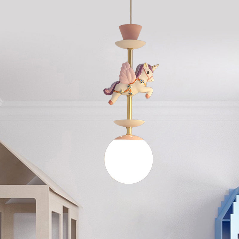 Contemporary 1 Bulb Pedant Lighting Fixture with Opal Glass Shade Pink/Blue Unicorn Hanging Lamp Pink Clearhalo 'Ceiling Lights' 'Glass shade' 'Glass' 'Pendant Lights' 'Pendants' Lighting' 813657