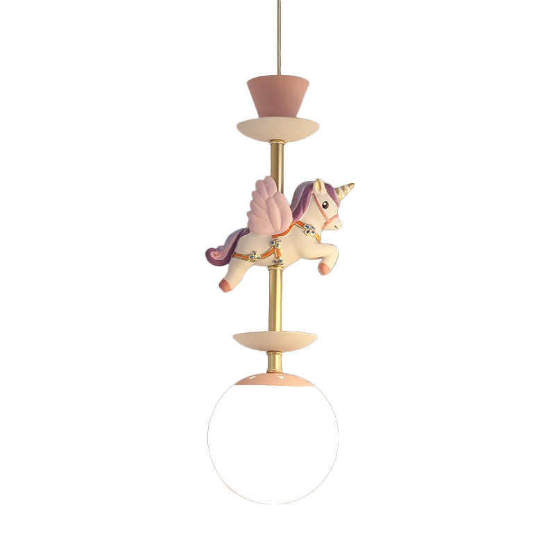 Contemporary 1 Bulb Pedant Lighting Fixture with Opal Glass Shade Pink/Blue Unicorn Hanging Lamp Clearhalo 'Ceiling Lights' 'Glass shade' 'Glass' 'Pendant Lights' 'Pendants' Lighting' 813658
