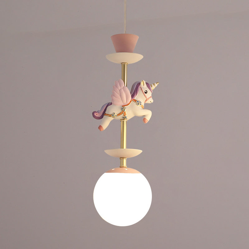 Contemporary 1 Bulb Pedant Lighting Fixture with Opal Glass Shade Pink/Blue Unicorn Hanging Lamp Clearhalo 'Ceiling Lights' 'Glass shade' 'Glass' 'Pendant Lights' 'Pendants' Lighting' 813659