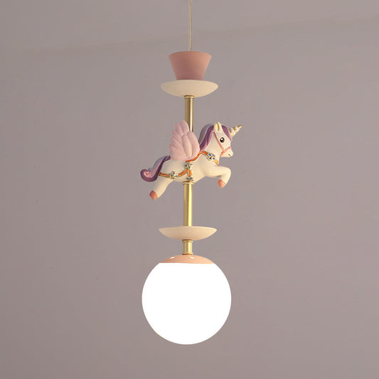 Contemporary 1 Bulb Pedant Lighting Fixture with Opal Glass Shade Pink/Blue Unicorn Hanging Lamp Clearhalo 'Ceiling Lights' 'Glass shade' 'Glass' 'Pendant Lights' 'Pendants' Lighting' 813659