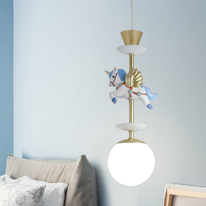 Contemporary 1 Bulb Pedant Lighting Fixture with Opal Glass Shade Pink/Blue Unicorn Hanging Lamp Blue Clearhalo 'Ceiling Lights' 'Glass shade' 'Glass' 'Pendant Lights' 'Pendants' Lighting' 813661
