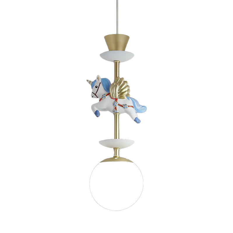 Contemporary 1 Bulb Pedant Lighting Fixture with Opal Glass Shade Pink/Blue Unicorn Hanging Lamp Clearhalo 'Ceiling Lights' 'Glass shade' 'Glass' 'Pendant Lights' 'Pendants' Lighting' 813663