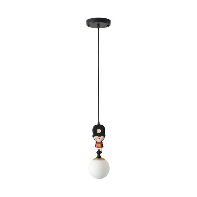 Globe Glass Hanging Lamp Cartoon 1 Head Black Pendant Lighting with Soldier Decoration Clearhalo 'Ceiling Lights' 'Glass shade' 'Glass' 'Pendant Lights' 'Pendants' Lighting' 813666