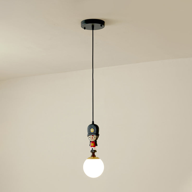 Globe Glass Hanging Lamp Cartoon 1 Head Black Pendant Lighting with Soldier Decoration Clearhalo 'Ceiling Lights' 'Glass shade' 'Glass' 'Pendant Lights' 'Pendants' Lighting' 813667