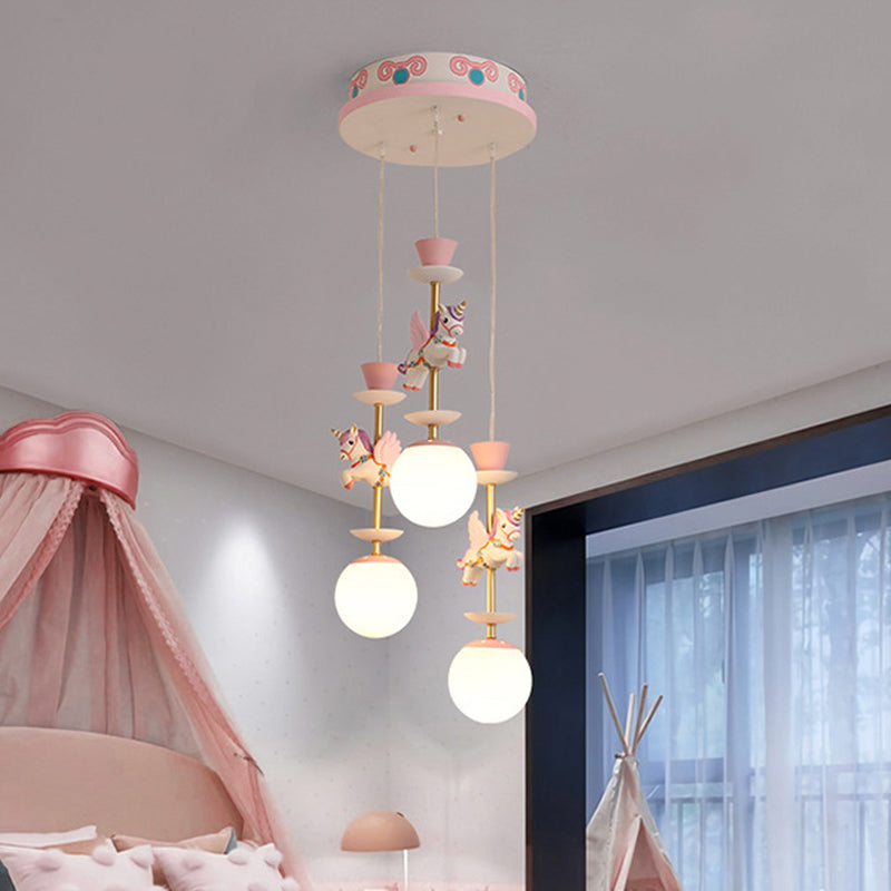 Globe Bedroom Hanging Ceiling Light Glass 3/5 Heads Cartoon Cluster Pendant in Pink/Blue 3 Pink Clearhalo 'Ceiling Lights' 'Glass shade' 'Glass' 'Pendant Lights' 'Pendants' Lighting' 813673