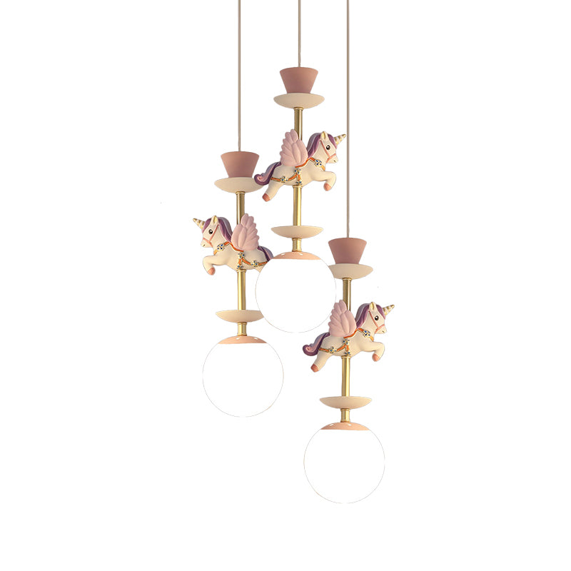 Globe Bedroom Hanging Ceiling Light Glass 3/5 Heads Cartoon Cluster Pendant in Pink/Blue Clearhalo 'Ceiling Lights' 'Glass shade' 'Glass' 'Pendant Lights' 'Pendants' Lighting' 813674