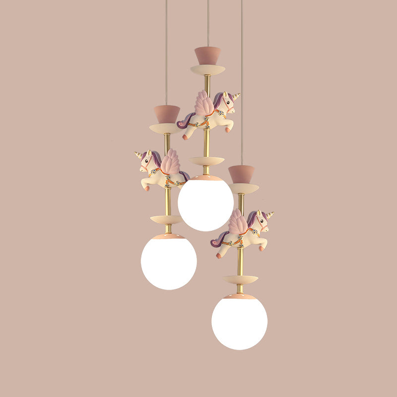 Globe Bedroom Hanging Ceiling Light Glass 3/5 Heads Cartoon Cluster Pendant in Pink/Blue Clearhalo 'Ceiling Lights' 'Glass shade' 'Glass' 'Pendant Lights' 'Pendants' Lighting' 813675