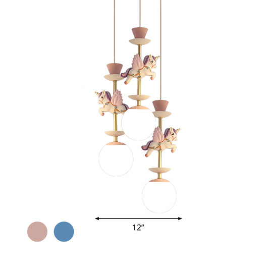 Globe Bedroom Hanging Ceiling Light Glass 3/5 Heads Cartoon Cluster Pendant in Pink/Blue Clearhalo 'Ceiling Lights' 'Glass shade' 'Glass' 'Pendant Lights' 'Pendants' Lighting' 813676
