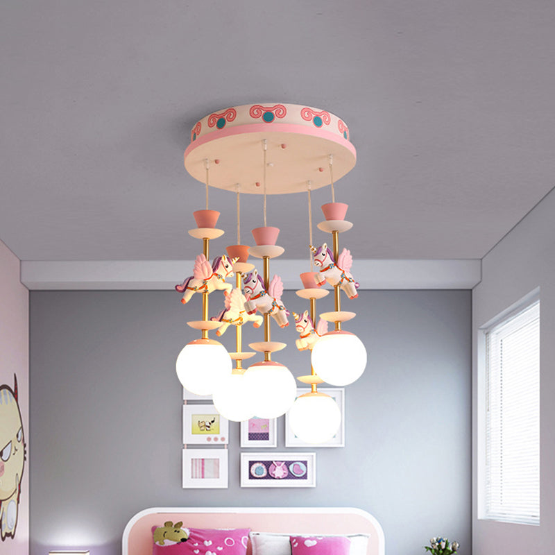 Globe Bedroom Hanging Ceiling Light Glass 3/5 Heads Cartoon Cluster Pendant in Pink/Blue Clearhalo 'Ceiling Lights' 'Glass shade' 'Glass' 'Pendant Lights' 'Pendants' Lighting' 813678