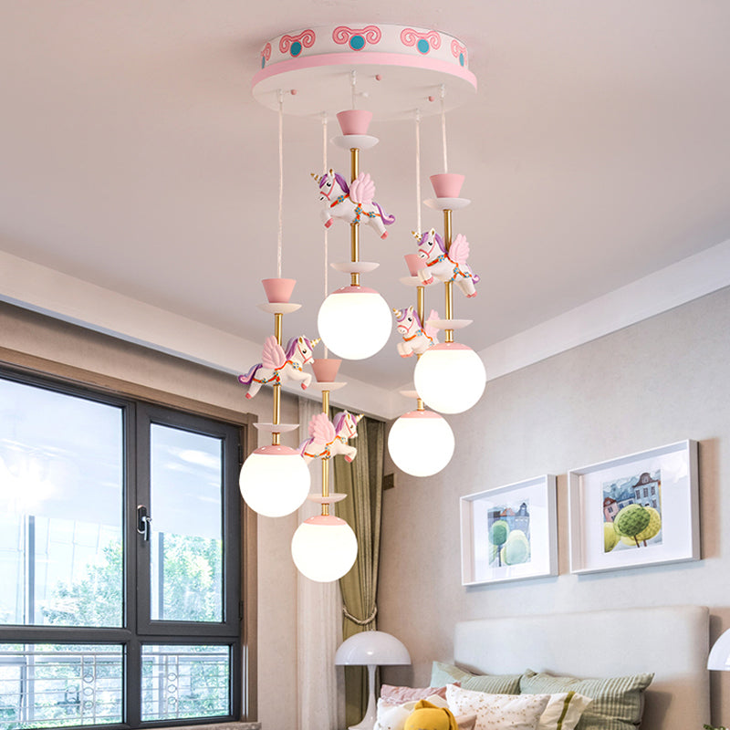 Globe Bedroom Hanging Ceiling Light Glass 3/5 Heads Cartoon Cluster Pendant in Pink/Blue Clearhalo 'Ceiling Lights' 'Glass shade' 'Glass' 'Pendant Lights' 'Pendants' Lighting' 813679