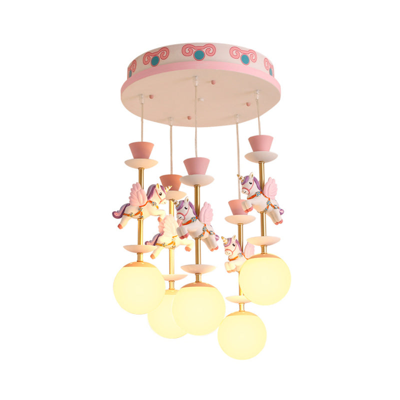 Globe Bedroom Hanging Ceiling Light Glass 3/5 Heads Cartoon Cluster Pendant in Pink/Blue Clearhalo 'Ceiling Lights' 'Glass shade' 'Glass' 'Pendant Lights' 'Pendants' Lighting' 813680