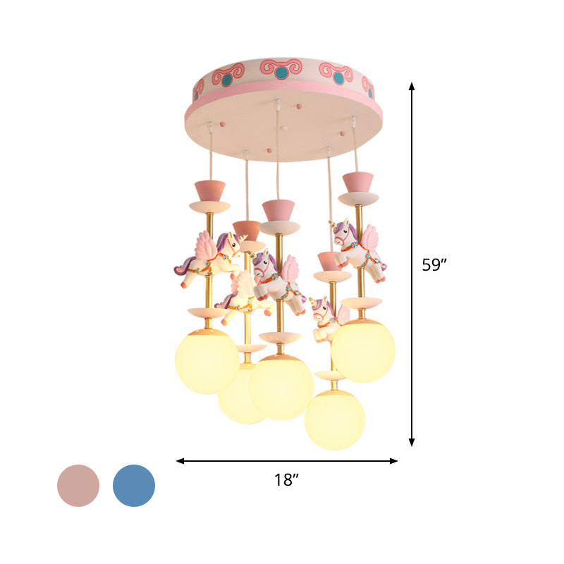 Globe Bedroom Hanging Ceiling Light Glass 3/5 Heads Cartoon Cluster Pendant in Pink/Blue Clearhalo 'Ceiling Lights' 'Glass shade' 'Glass' 'Pendant Lights' 'Pendants' Lighting' 813681