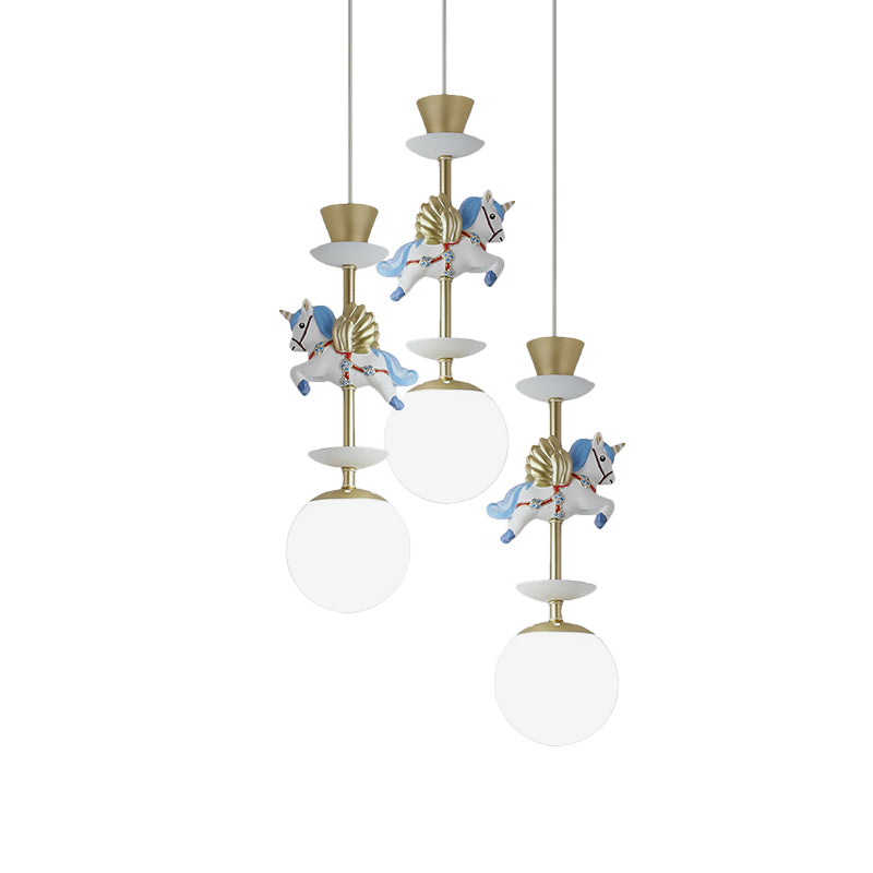 Globe Bedroom Hanging Ceiling Light Glass 3/5 Heads Cartoon Cluster Pendant in Pink/Blue Clearhalo 'Ceiling Lights' 'Glass shade' 'Glass' 'Pendant Lights' 'Pendants' Lighting' 813684