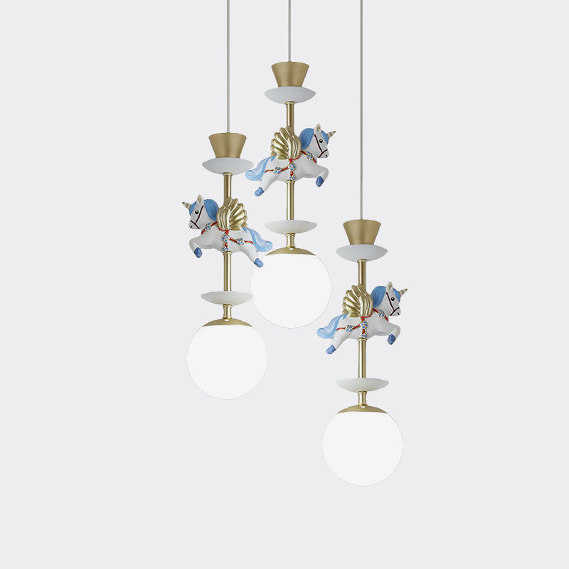 Globe Bedroom Hanging Ceiling Light Glass 3/5 Heads Cartoon Cluster Pendant in Pink/Blue Clearhalo 'Ceiling Lights' 'Glass shade' 'Glass' 'Pendant Lights' 'Pendants' Lighting' 813685