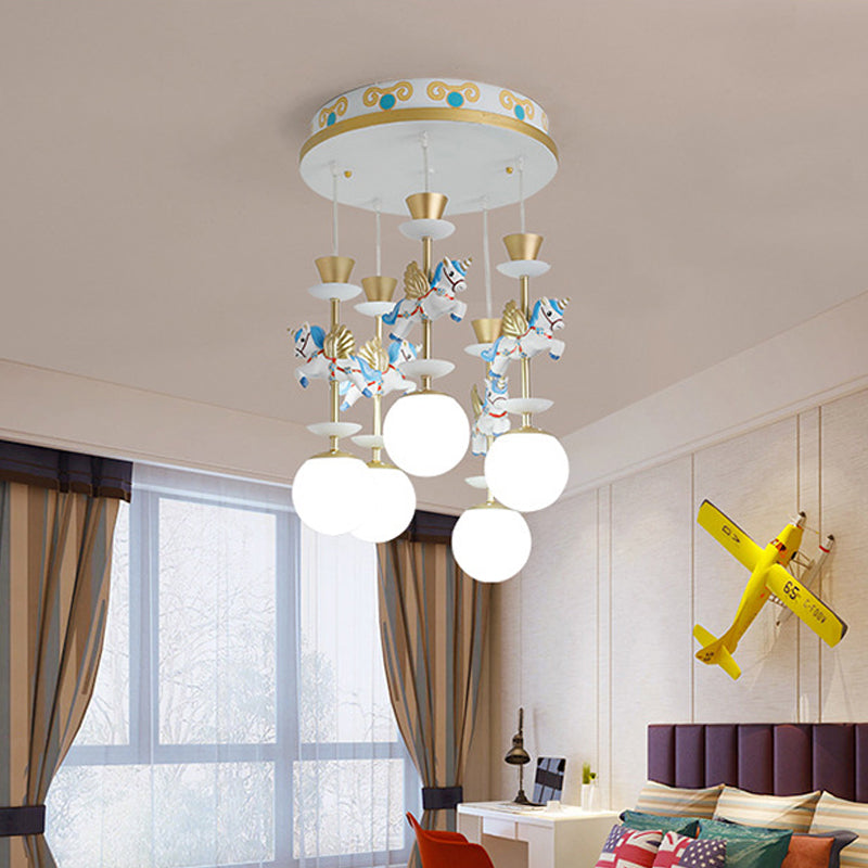 Globe Bedroom Hanging Ceiling Light Glass 3/5 Heads Cartoon Cluster Pendant in Pink/Blue Clearhalo 'Ceiling Lights' 'Glass shade' 'Glass' 'Pendant Lights' 'Pendants' Lighting' 813688