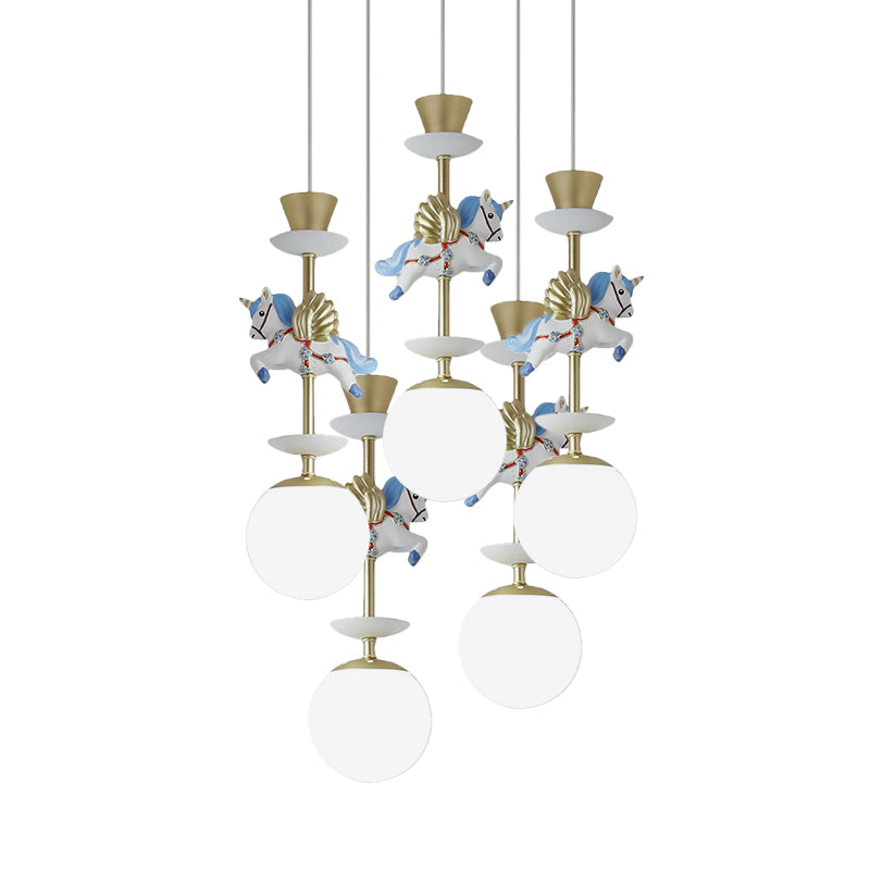 Globe Bedroom Hanging Ceiling Light Glass 3/5 Heads Cartoon Cluster Pendant in Pink/Blue Clearhalo 'Ceiling Lights' 'Glass shade' 'Glass' 'Pendant Lights' 'Pendants' Lighting' 813689