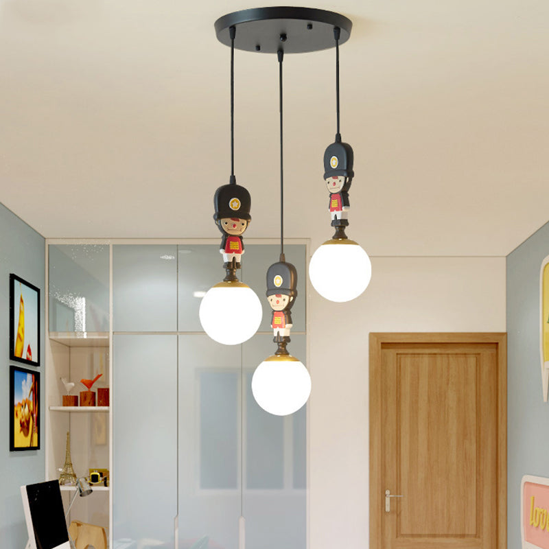 Globe Hanging Light Kit Cartoon Glass 3 Heads Black Muti Light Pendant with Soldier Decoration Black Clearhalo 'Ceiling Lights' 'Glass shade' 'Glass' 'Pendant Lights' 'Pendants' Lighting' 813690