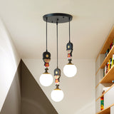 Globe Hanging Light Kit Cartoon Glass 3 Heads Black Muti Light Pendant with Soldier Decoration Clearhalo 'Ceiling Lights' 'Glass shade' 'Glass' 'Pendant Lights' 'Pendants' Lighting' 813691