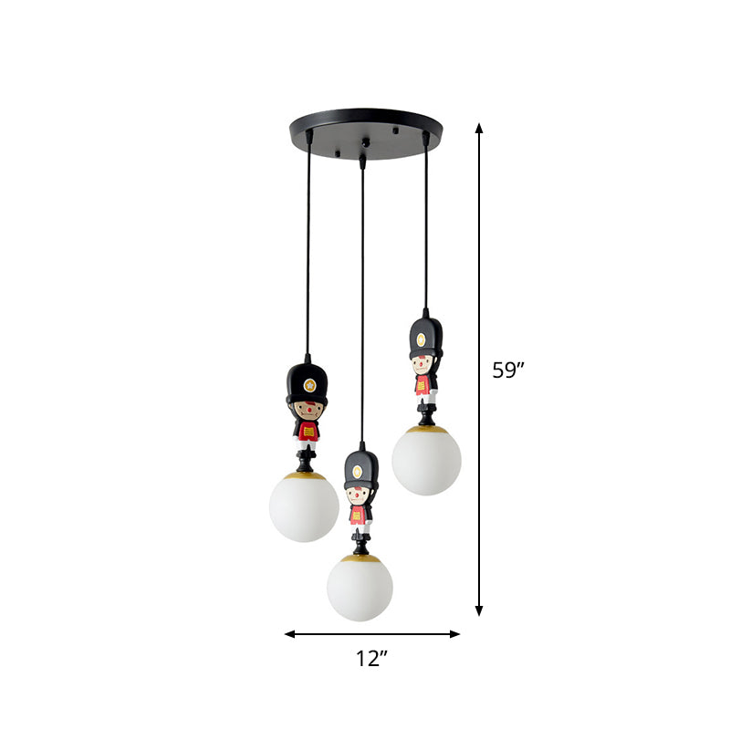 Globe Hanging Light Kit Cartoon Glass 3 Heads Black Muti Light Pendant with Soldier Decoration Clearhalo 'Ceiling Lights' 'Glass shade' 'Glass' 'Pendant Lights' 'Pendants' Lighting' 813693